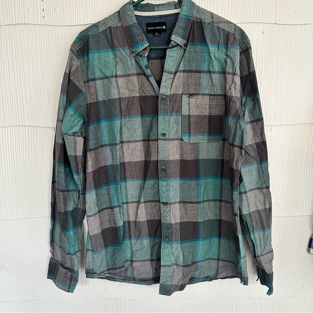 Ocean Current Men’s XL Long Sleeve Teal Aqua Gray Plaid Button Down Shirt